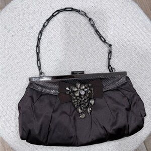 Vintage KAREN MILLEN Bag Brown satin cow leather Womens Handbag Chain jeweled